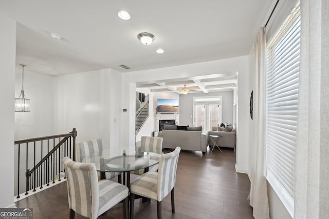5534 Radford Loop, Fairburn, GA 30213 - dining space featuring coffered ceiling, ceiling fan, recessed lighting, beam ceiling, and dark wood-type flooring