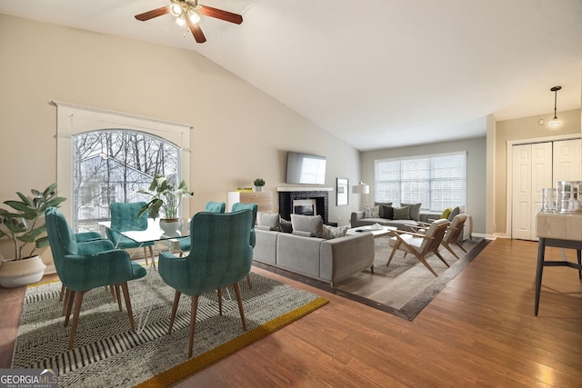 living room featuring vaulted ceiling, ceiling fan, and dark hardwood / wood-style flooring