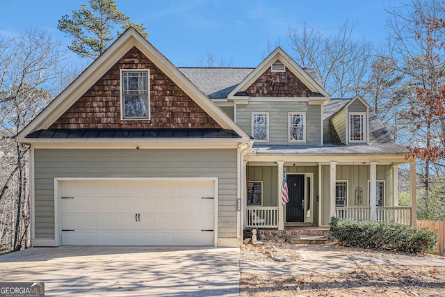 view of front of property with a porch, a garage, driveway, and a shingled roof