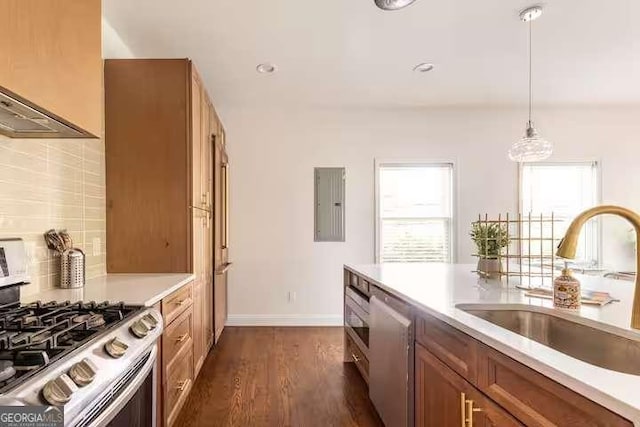 kitchen featuring dark wood-type flooring, sink, electric panel, pendant lighting, and stainless steel appliances