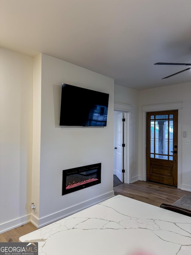 entryway with hardwood / wood-style floors and ceiling fan