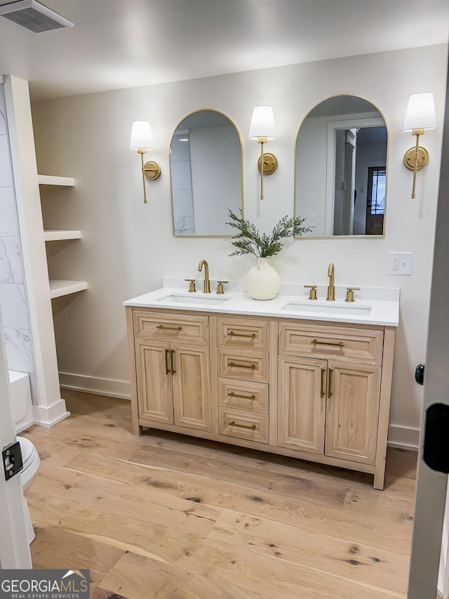 bathroom with hardwood / wood-style flooring and vanity