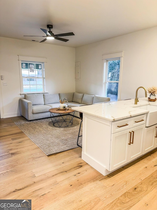 living room with ceiling fan, sink, light hardwood / wood-style flooring, and a wealth of natural light