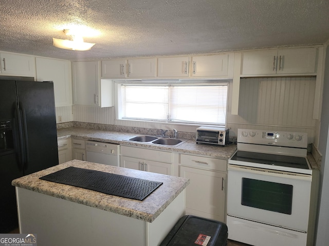 kitchen with sink, white cabinetry, a center island, a textured ceiling, and white appliances