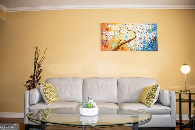 living room with hardwood / wood-style floors and ornamental molding