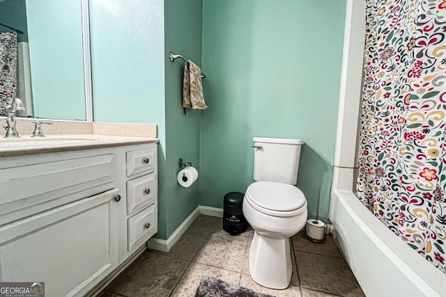 full bathroom with tile patterned flooring, vanity, shower / bathtub combination with curtain, and toilet