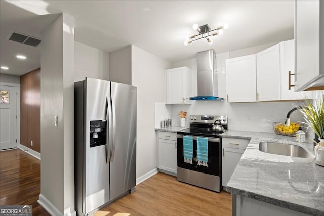 kitchen featuring appliances with stainless steel finishes, white cabinetry, sink, light stone countertops, and wall chimney exhaust hood