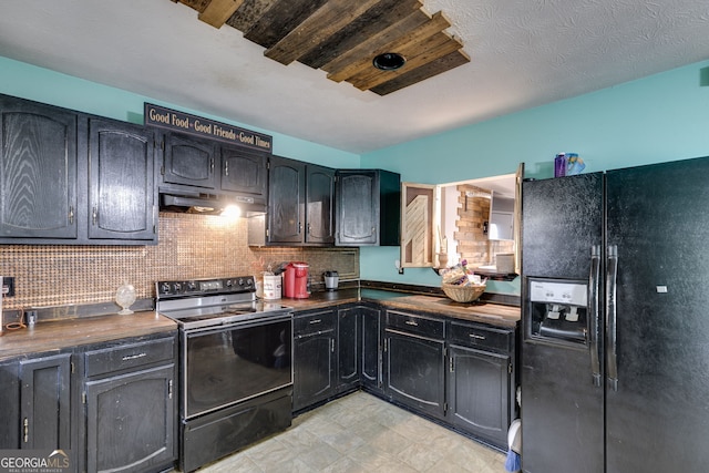 kitchen featuring decorative backsplash, wood counters, and black appliances