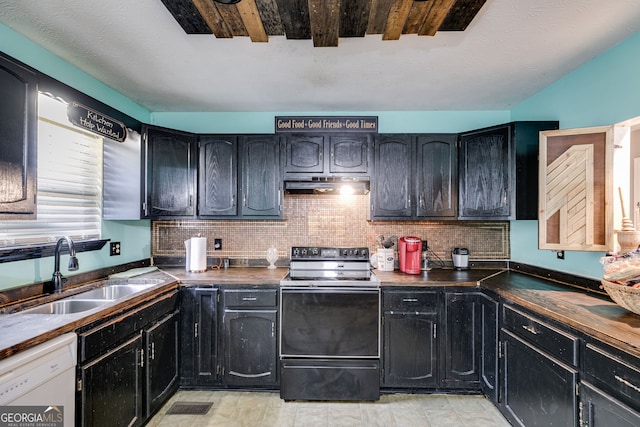 kitchen with sink, dishwasher, black electric range, a textured ceiling, and decorative backsplash