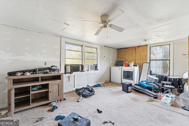 miscellaneous room featuring washer / dryer, a healthy amount of sunlight, light carpet, and a textured ceiling