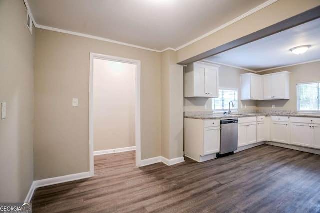 kitchen with white cabinetry, light stone countertops, dark hardwood / wood-style flooring, and stainless steel dishwasher