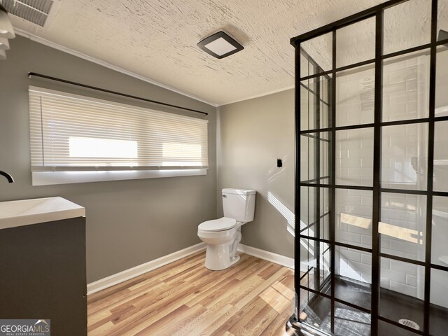 bathroom featuring wood-type flooring, sink, ornamental molding, toilet, and a textured ceiling