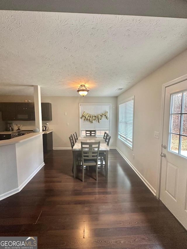 unfurnished dining area with dark wood-type flooring, plenty of natural light, and a textured ceiling