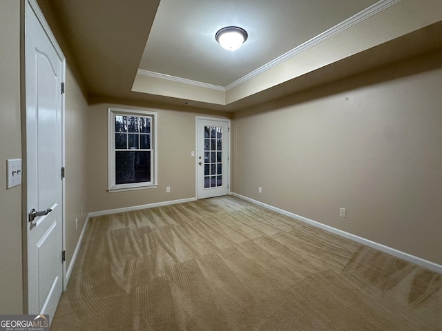 carpeted empty room featuring crown molding and a tray ceiling