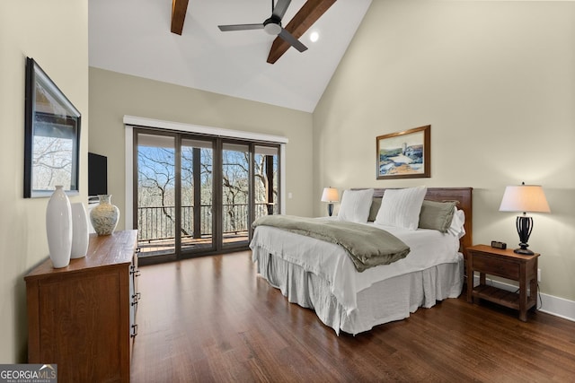 bedroom featuring wood-type flooring, high vaulted ceiling, access to outside, and ceiling fan