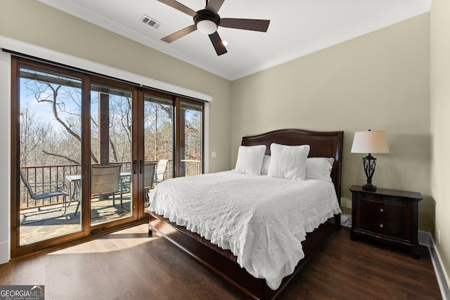 bedroom featuring crown molding, dark wood-type flooring, access to outside, and ceiling fan