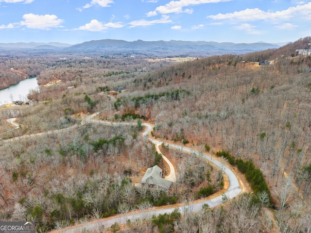 birds eye view of property with a water and mountain view