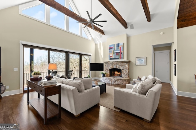 living room featuring dark hardwood / wood-style flooring, a fireplace, high vaulted ceiling, and beamed ceiling