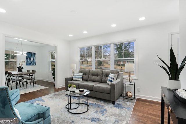 living room with dark hardwood / wood-style flooring