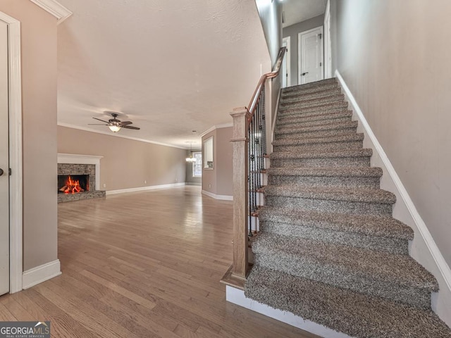 staircase with crown molding, ceiling fan, and hardwood / wood-style floors