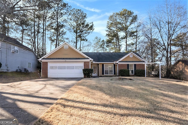 ranch-style home featuring a garage and a front yard