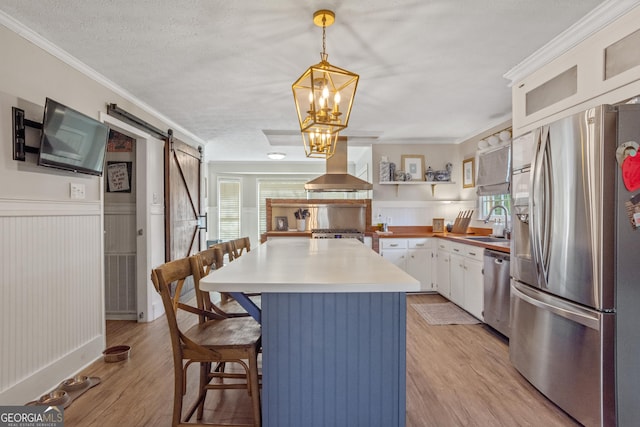 kitchen with a barn door, appliances with stainless steel finishes, island exhaust hood, light countertops, and white cabinetry