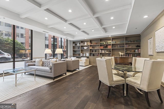 dining room featuring wood-type flooring, coffered ceiling, and beam ceiling