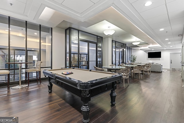 playroom featuring pool table and dark hardwood / wood-style flooring