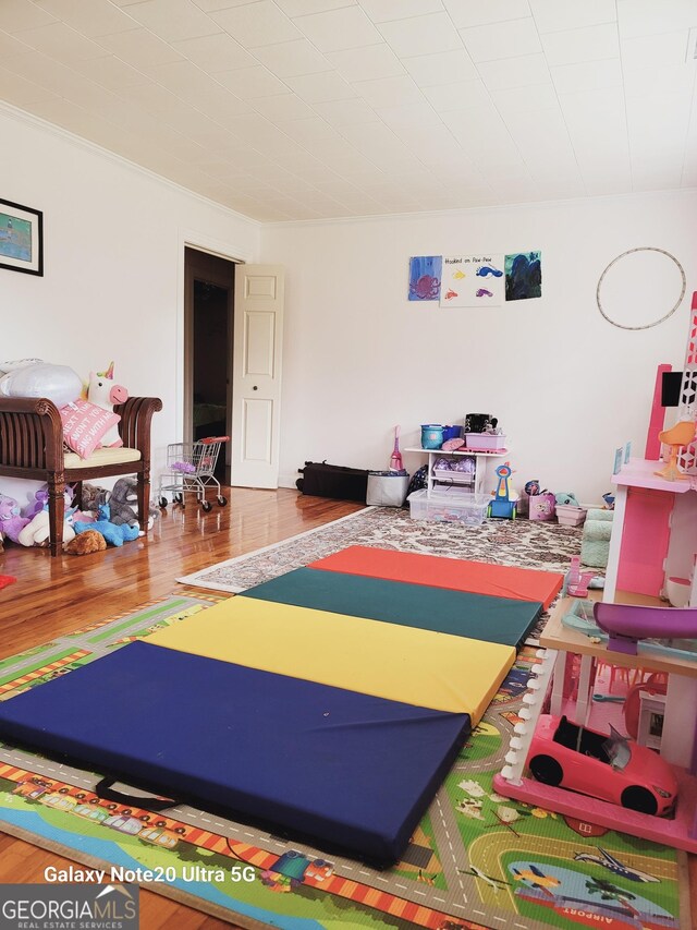 game room with crown molding and wood-type flooring