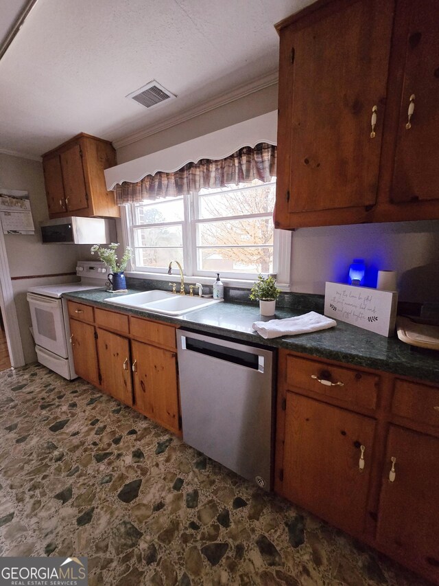 kitchen with sink, crown molding, dishwasher, range hood, and white electric range oven