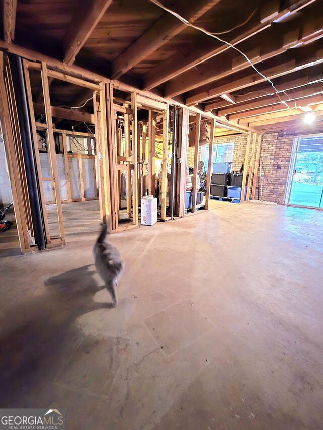 basement with brick wall