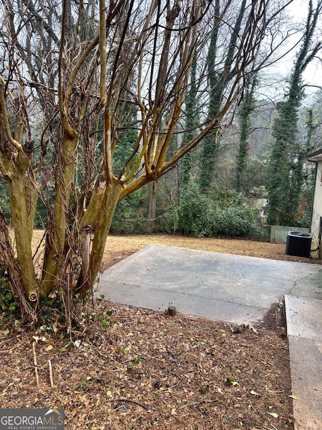 view of yard with central AC and a patio area