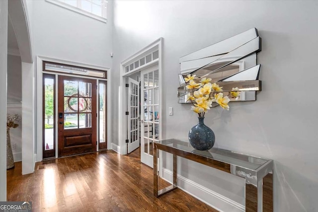 109 Slate Dr, Buford, GA 30518 - entryway with wood finished floors, french doors, baseboards, and a towering ceiling