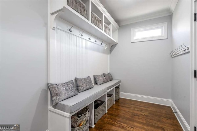 109 Slate Dr, Buford, GA 30518 - mudroom with ornamental molding, dark wood-style flooring, and baseboards