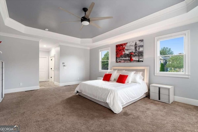 109 Slate Dr, Buford, GA 30518 - bedroom with a raised ceiling, ornamental molding, carpet flooring, baseboards, and ceiling fan