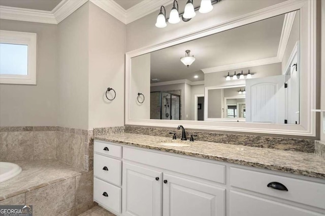 109 Slate Dr, Buford, GA 30518 - full bathroom featuring ornamental molding, a garden tub, vanity, and a shower stall