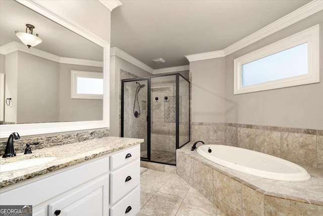 109 Slate Dr, Buford, GA 30518 - bathroom featuring a stall shower, a bath, vanity, and crown molding