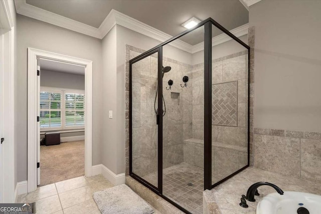 109 Slate Dr, Buford, GA 30518 - full bathroom with a shower stall, crown molding, tile patterned floors, a bath, and baseboards