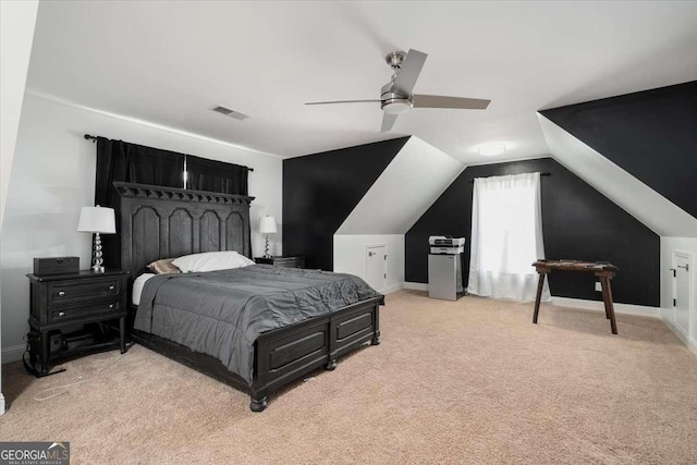 109 Slate Dr, Buford, GA 30518 - bedroom with light colored carpet, baseboards, lofted ceiling, and ceiling fan