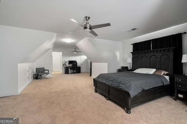 109 Slate Dr, Buford, GA 30518 - bedroom featuring light carpet, an office area, lofted ceiling, a ceiling fan, and baseboards