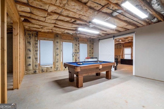 109 Slate Dr, Buford, GA 30518 - rec room with billiards table, a barn door, and concrete flooring