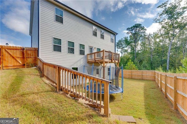 back of property with a yard and a trampoline