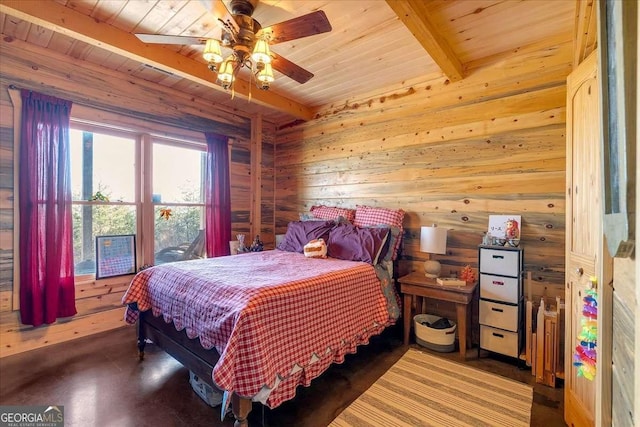 bedroom featuring ceiling fan, wood ceiling, beam ceiling, and wood walls