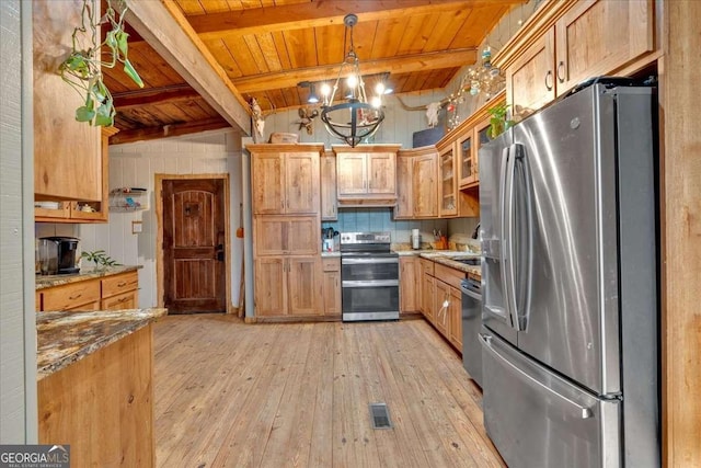 kitchen featuring decorative light fixtures, wooden ceiling, beamed ceiling, stainless steel appliances, and light stone countertops