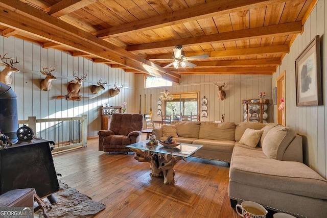 living room featuring wood walls, wood-type flooring, a wood stove, ceiling fan, and wood ceiling