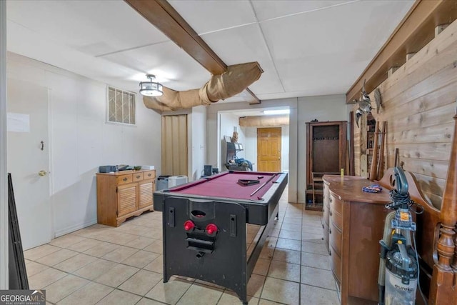 game room featuring light tile patterned floors, billiards, and wood walls