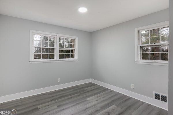 empty room with dark hardwood / wood-style flooring and a wealth of natural light