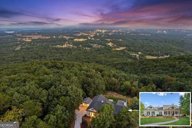 view of aerial view at dusk