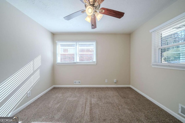 carpeted spare room with a wealth of natural light, a textured ceiling, and ceiling fan