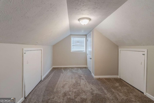 bonus room with vaulted ceiling, carpet, and a textured ceiling